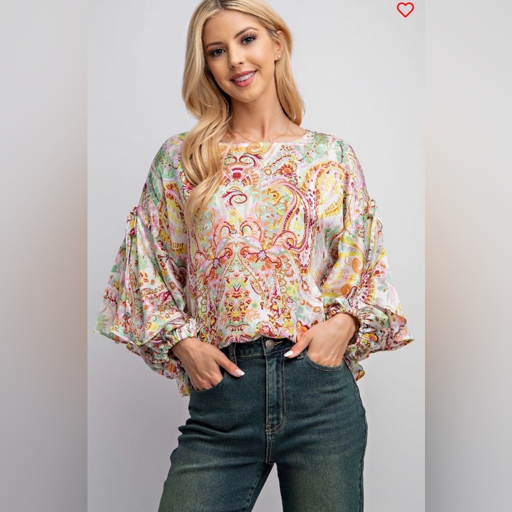 482 - Vibrant Paisley Printed Satin with Balloon Sleeves
